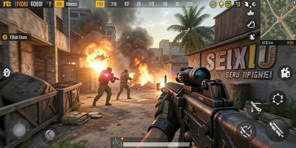 Screenshot F08 menampilkan aksi seru gameplay FPS.