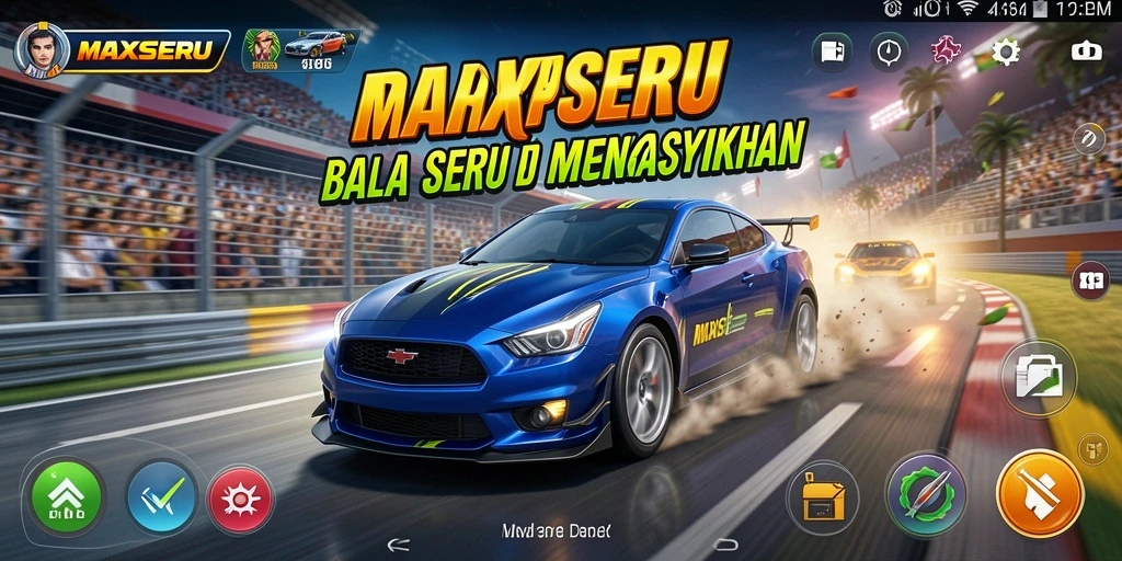 Tangkapan layar utama MAXSERU dengan aksi balap yang mendebarkan.