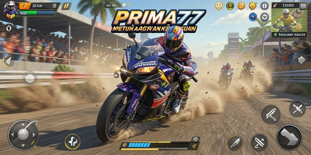 Tampilan gameplay seru dari PRIMA77 dalam balapan motor.