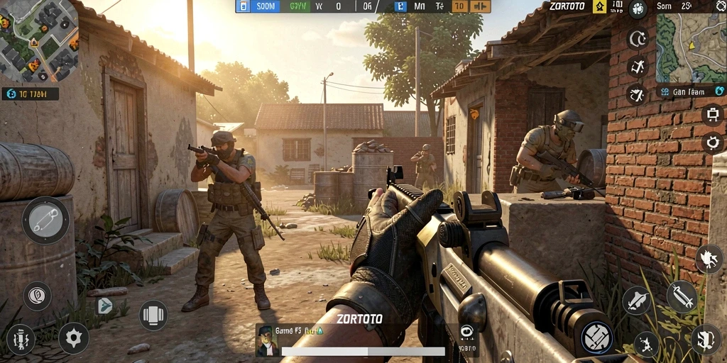 Screenshot ZORTOTO menampilkan aksi seru dalam pertempuran FPS.